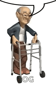 An Elderly Man Is Using A Walker With A Speech Bubble Behind Him . GIF