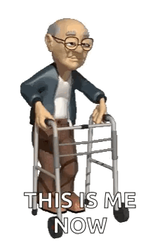 An Elderly Man Is Walking With A Walker And Says `` This Is Me Now '' . GIF