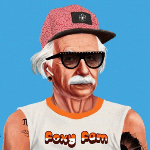 An Elderly Man Wearing A Hat And Glasses Is Wearing A Shirt That Says Foxy Fam GIF