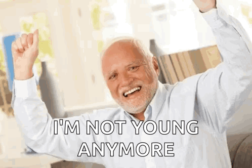 an elderly man with a beard is making a funny face and saying `` i 'm not young anymore '' .