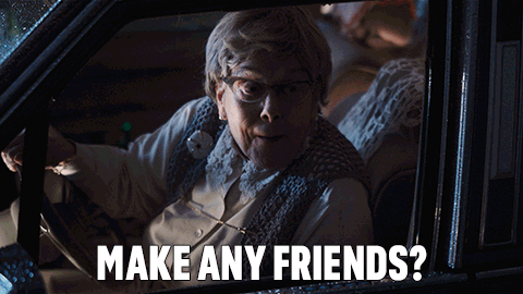 An Elderly Woman Driving A Car With The Words Make Any Friends GIF