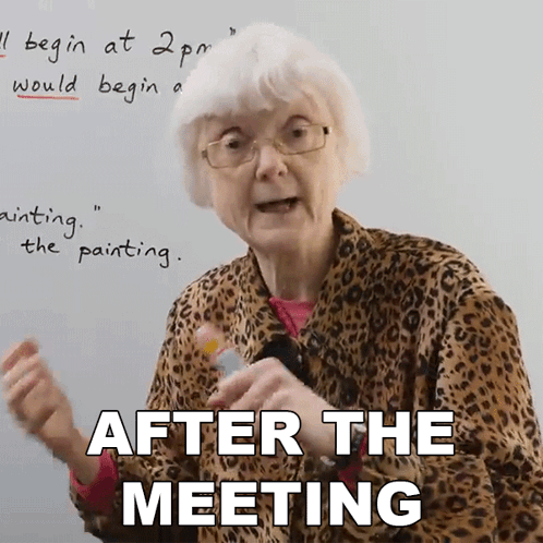 An Elderly Woman In A Leopard Print Coat Says " After The Meeting " GIF