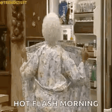 An Elderly Woman In A Robe Is Standing In Front Of A Refrigerator . GIF