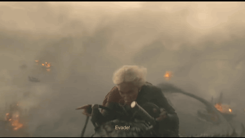 an elderly woman is flying through the air with the words " evade " written on the bottom