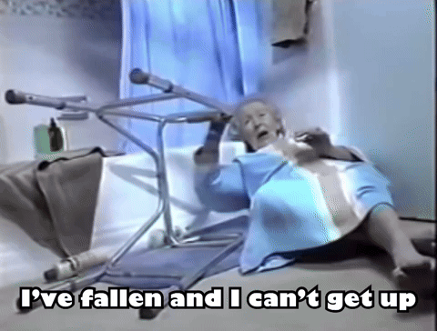 An Elderly Woman Is Laying On The Floor With The Words I 'Ve Fallen And I Can 'T Get Up Written Above Her GIF