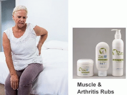 An Elderly Woman Is Sitting On A Bed With Her Back In Pain And A Picture Of Muscle And Arthritis Rubs GIF