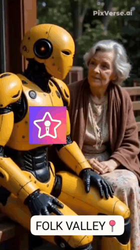 An Elderly Woman Sits Next To A Yellow Robot That Says Folk Valley On The Bottom GIF