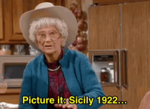 An Elderly Woman Wearing A Hat And Glasses Says Picture It Sicily 1922 . GIF
