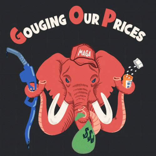 An Elephant Wearing A Maga Hat Holds A Gas Pump And Pills GIF