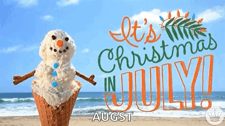 An Ice Cream Cone Shaped Like A Snowman On The Beach With The Words " It 'S Christmas In July " GIF