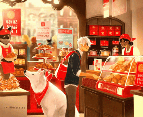 An Illustration Of A Bakery With A Sign That Says Ship Bakery GIF