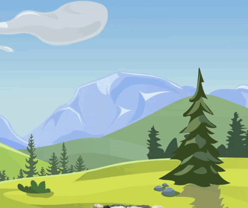 an illustration of a bear in a field with mountains in the background and the word great above it