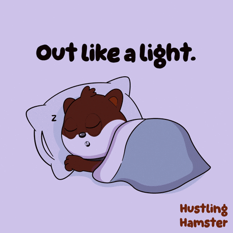 An Illustration Of A Bear Sleeping With The Words Out Like A Light Hustling Hamster Below It GIF