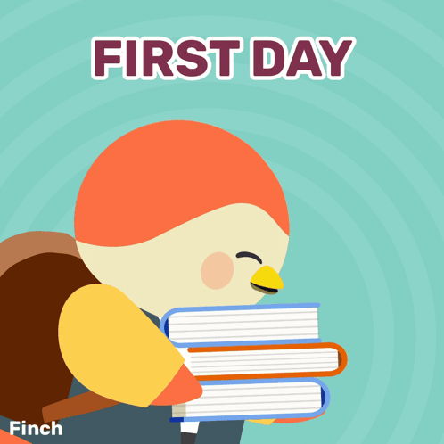 an illustration of a bird holding a stack of books with the words first day written above it