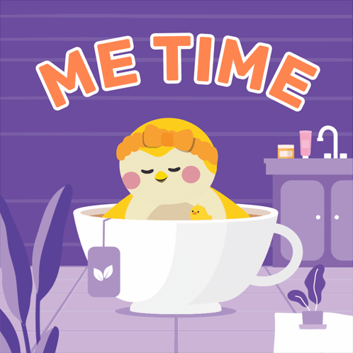 An Illustration Of A Bird In A Cup Of Tea With The Words Me Time Written Above It GIF