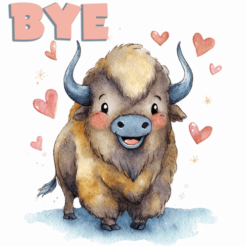 an illustration of a bison with hearts and the words bye above it