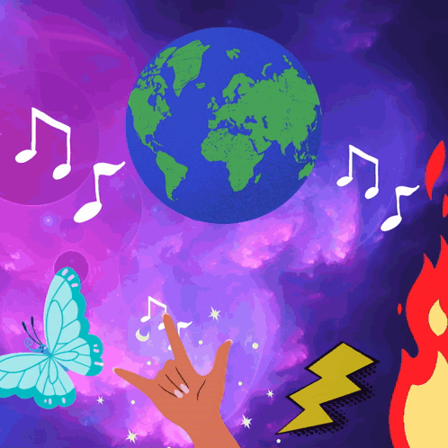 An Illustration Of A Butterfly A Lightning Bolt And A Hand With Music Notes GIF
