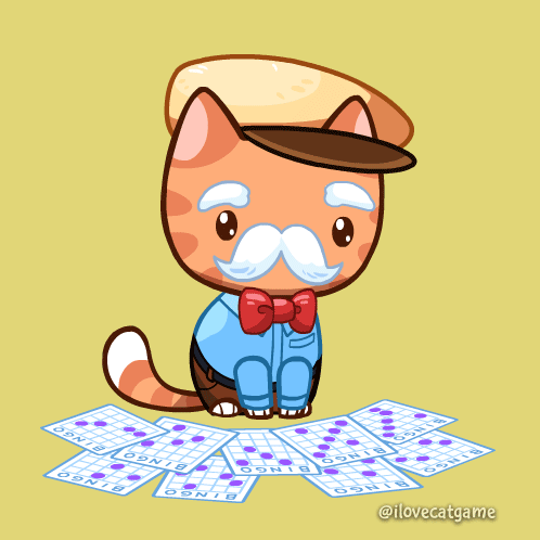 An Illustration Of A Cat Holding A Bingo Card With Bingo Written On It GIF
