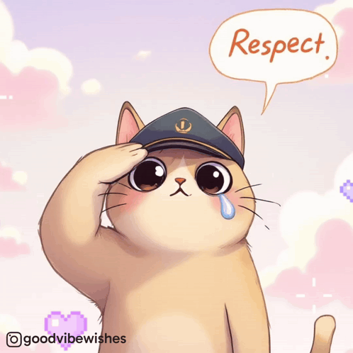 An Illustration Of A Cat Saluting With A Speech Bubble Saying Respect GIF