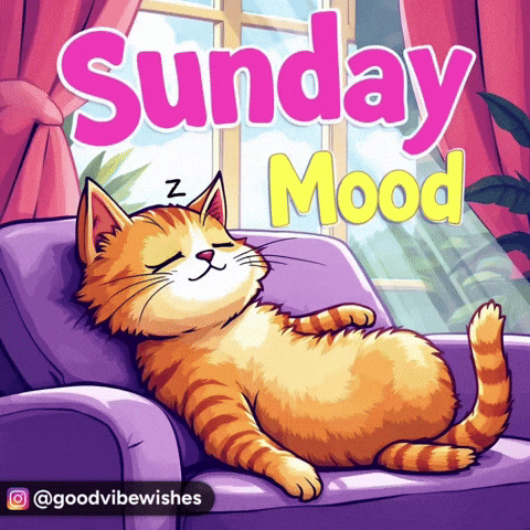 An Illustration Of A Cat Sleeping On A Couch With The Words Sunday Mood Below It GIF