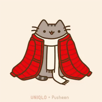 An Illustration Of A Cat Wearing A Red Jacket And Scarf By Uniqlo And Pusheen GIF