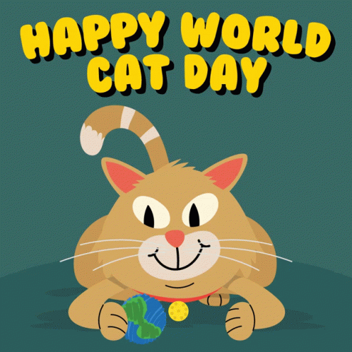 An Illustration Of A Cat With The Words Happy World Cat Day Written Above It GIF