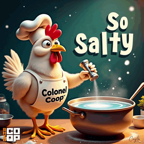An Illustration Of A Chicken Wearing A Colonel Coop Apron Holding A Pepper Shaker GIF