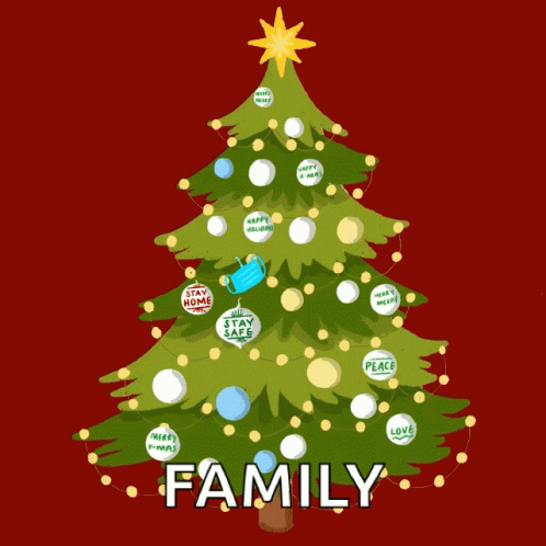 An Illustration Of A Christmas Tree With Decorations That Say Family GIF