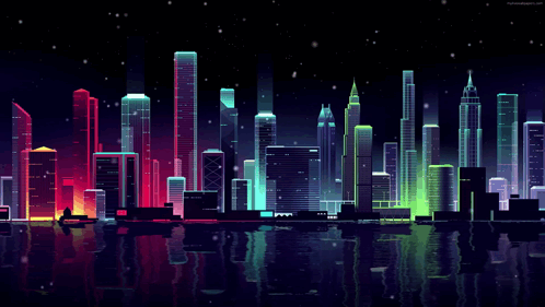 An Illustration Of A City Skyline At Night With A Reflection Of The City In The Water GIF