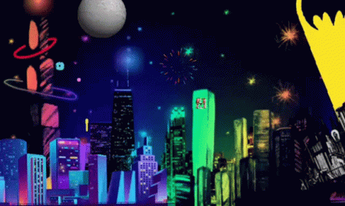 An Illustration Of A City Skyline At Night With The Word Chicago On The Top Of A Building GIF