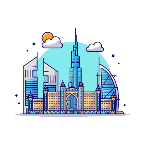 An Illustration Of A City Skyline With The Words Come To Dubai GIF