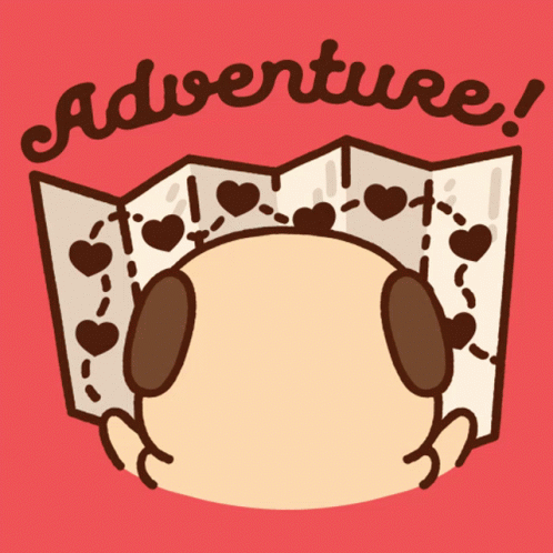An Illustration Of A Dog Holding A Map With The Word Adventure Written Above It GIF