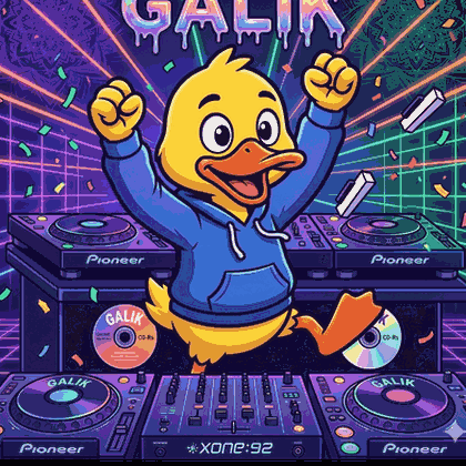 An Illustration Of A Duck Wearing A Blue Hoodie Standing In Front Of Pioneer Dj Equipment GIF