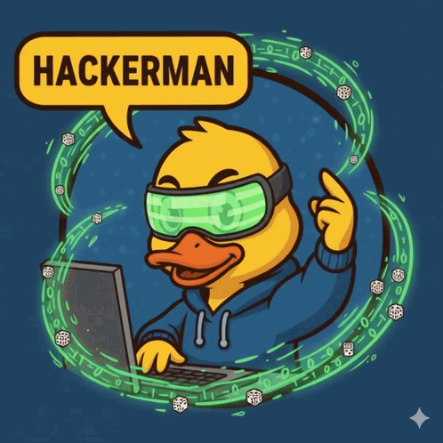 An Illustration Of A Duck Wearing Goggles And Using A Laptop With The Word Hackerman Above Him GIF