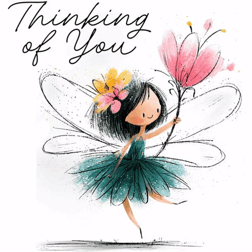 An Illustration Of A Fairy Holding A Pink Flower With The Words Thinking Of You Below Her GIF
