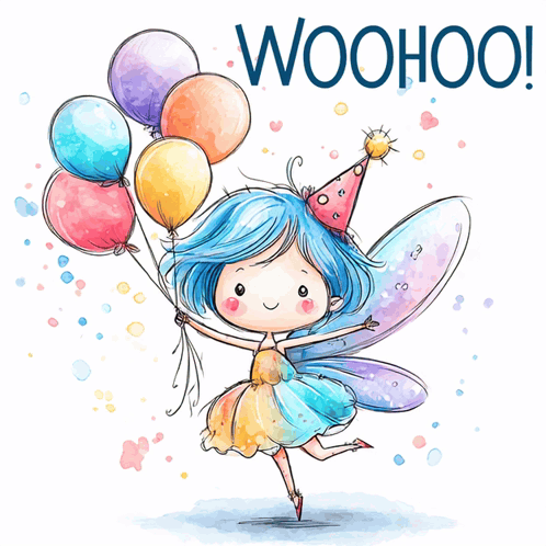 an illustration of a fairy holding balloons with the words woohoo written below her