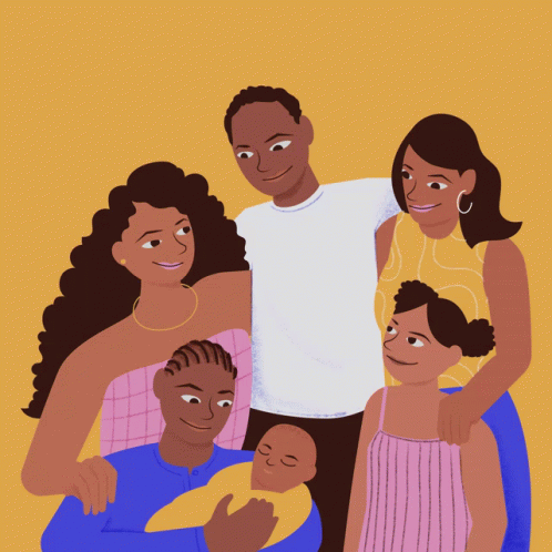 An Illustration Of A Family Posing For A Picture Including A Man Holding A Baby GIF