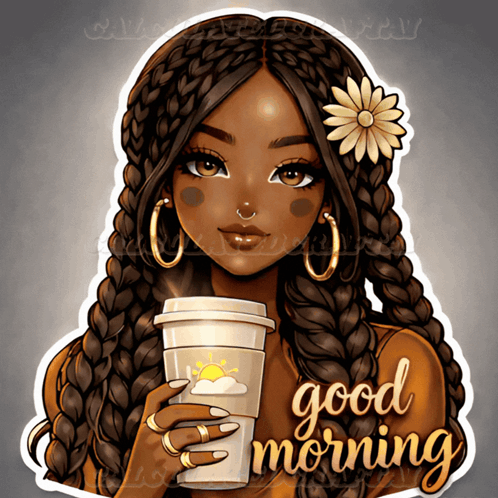 An Illustration Of A Girl Holding A Cup Of Coffee With The Words Good Morning Written On It GIF