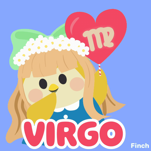 An Illustration Of A Girl Holding A Heart Shaped Balloon With Virgo Written On It GIF