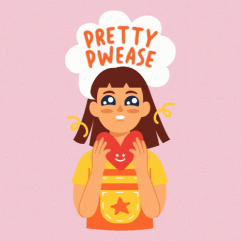 An Illustration Of A Girl Holding A Heart With Pretty Pwease Written Above Her Head GIF