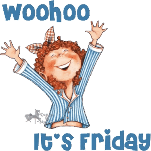 An Illustration Of A Girl With Her Arms In The Air And The Words Woohoo It 'S Friday GIF