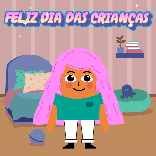 An Illustration Of A Girl With Pink Hair Says Feliz Dia Das Crianças GIF