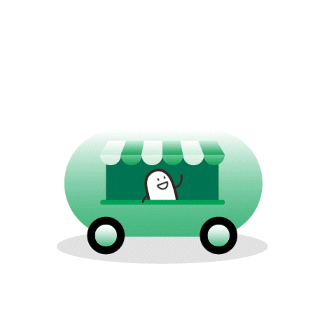 An Illustration Of A Green Bus With A Penguin Looking Out Of The Window GIF