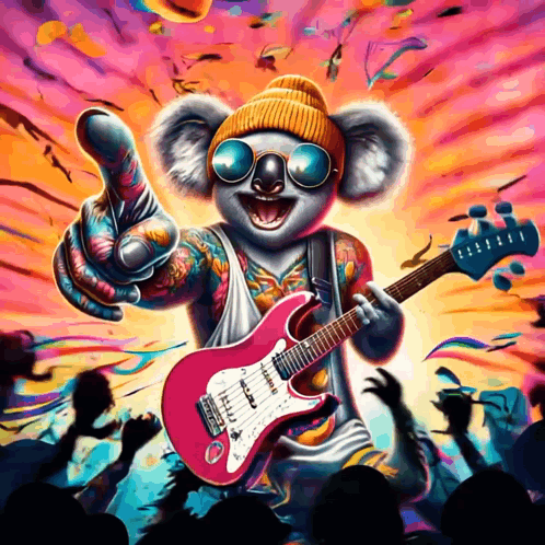 An Illustration Of A Koala Playing A Guitar And Giving A Thumbs Up GIF