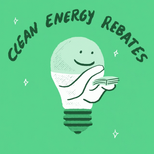 An Illustration Of A Light Bulb With The Words Clean Energy Rebates GIF