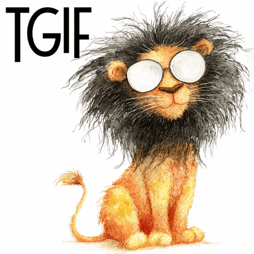 an illustration of a lion wearing glasses with the words tgif above it