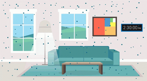 An Illustration Of A Living Room With A Clock That Says 2:30 Pm GIF
