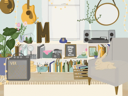 An Illustration Of A Living Room With A Vox Amplifier On The Floor GIF