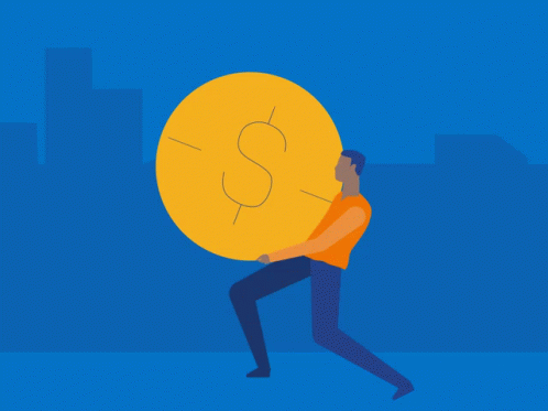 An Illustration Of A Man Carrying A Large Coin With A Dollar Sign On It GIF