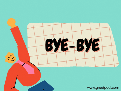 An Illustration Of A Man Holding A Book With The Words Bye-Bye Written On A Piece Of Paper GIF